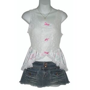 Natalie Creations Lingerie Vintage Nightie Top Coquette Lace Pink Bows Cottage L